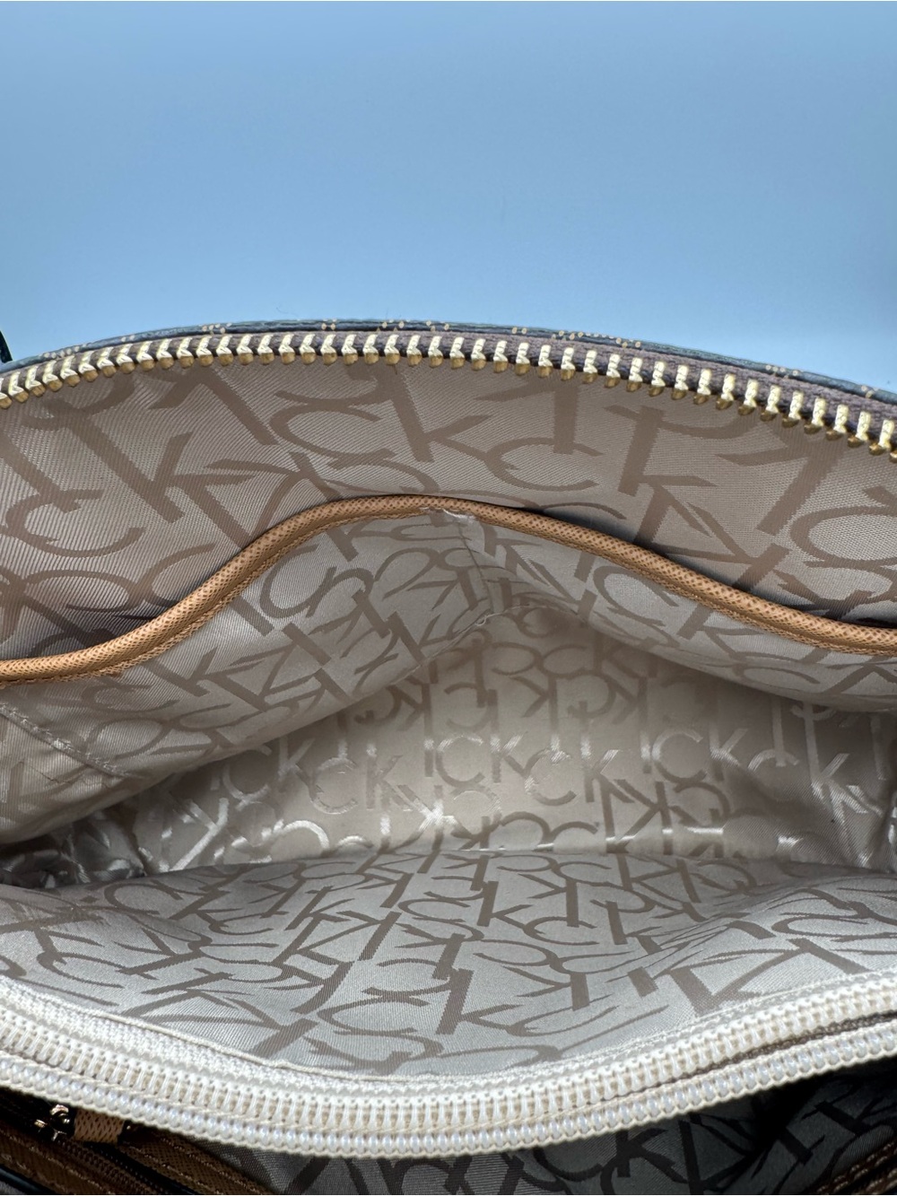 Calvin Klein Signature Dome Satchel- Brown Monogram Pattern with Tan Trim - Picture 13 of 14